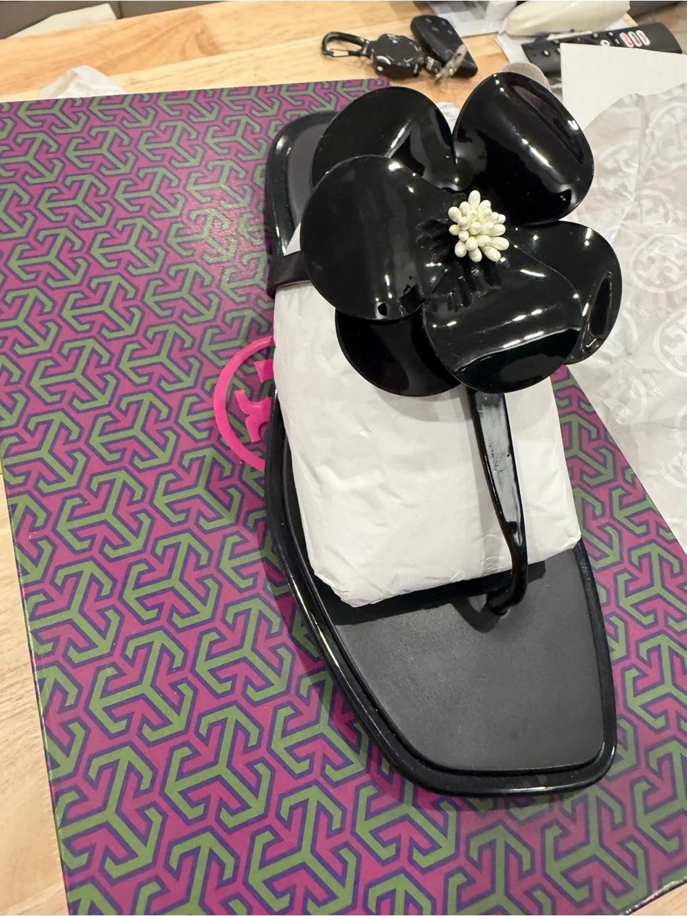 Tory Burch Black Floral Jelly Sandals with Ivory Center